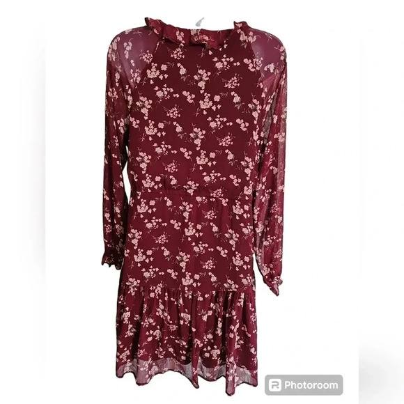 American Eagle Maroon Floral Ruffle Tie Waist Dress M Boho Cottagecore - Picture 3 of 8